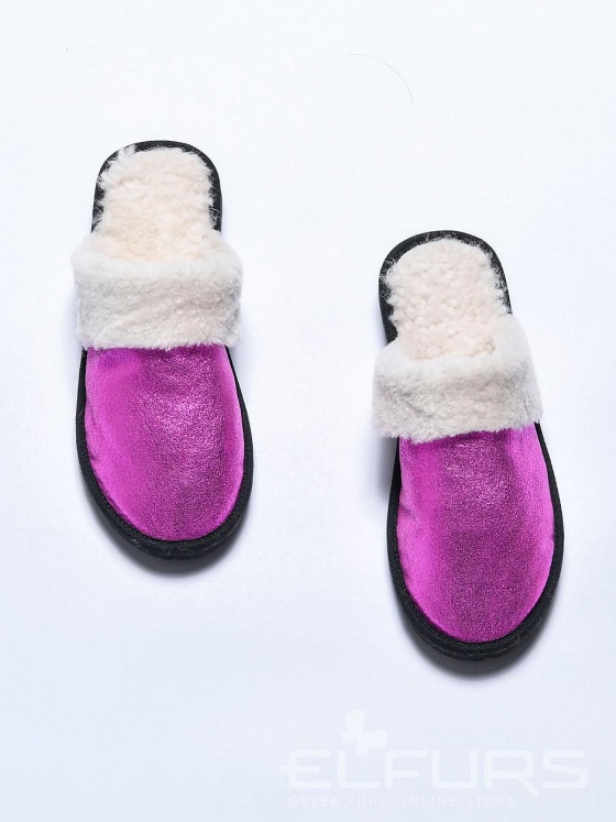 Тапочки женские кожаные с отделкой из овчины фиолетовые